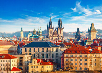 High spires towers of Tyn church in Prague city (Church of Our Lady before tyn cathedral) urban...