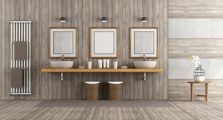 Naklejka na ściany i meble Wooden and concrete bathroom with double washbasin on shelf - 3d rendering