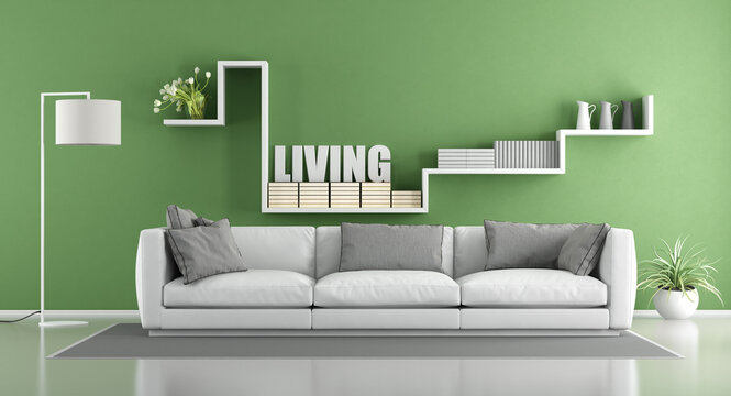 Modern living room with white sofa and shelf on wall - 3d rendering