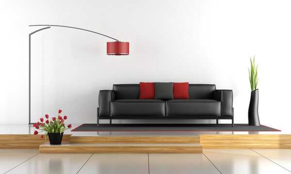 Two levels living room with black sofa - 3d rendering