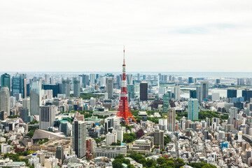 Naklejka premium Aerial view of Tokyo Tower and City Skyline, Shiba-koen district of Minato, Tokyo, Japan