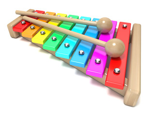 Xylophone with rainbow colored keys and with two wood drum sticks. 3D render isolated on white background. Wooden toy. Percussion instrument. Music art creation concept