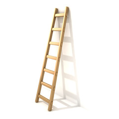 Wooden ladder, near white wall. 3D render illustration isolated on white background.