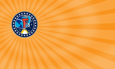 Business card showing Illustration of a pipe wrench rocket booster orbiting earth space set inside circle with stars in the background done in retro style.