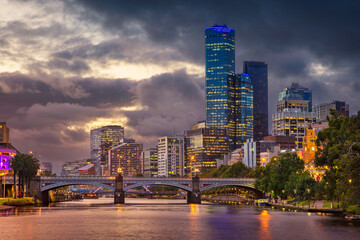 Cityscape image of Melbourne, Australia during summer sunset.