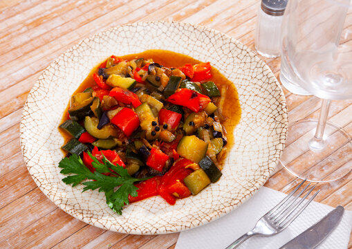 Stew with peppers, zucchini and zucchini in plate.Traditional Hungarian dish called lecho