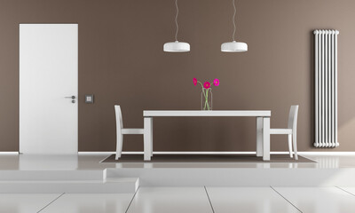 Two levels dining room with with white table and chairs - 3d rendering