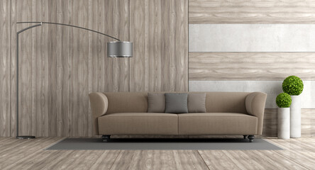 Wooden and concrete living room with sofa and floor lamp- 3d rendering