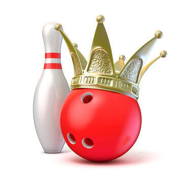 Golden crown on bowling ball and pin. 3D render illustration isolated on white background