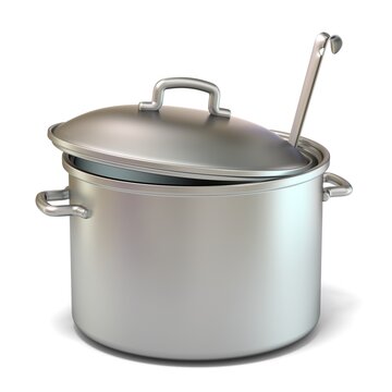 Steel cooking pot with a ladle. 3D render illustration isolated on white background