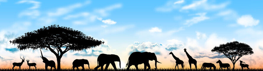 Silhouettes of wild animals of the African savannah. Wild Animals of Africa against the sky and the sun.