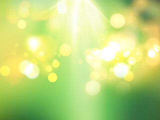 Obraz premium Green bokeh lights background with sun rays