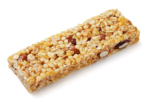 Healthy granola bar (muesli or cereal bar) isolated on white background with clipping path