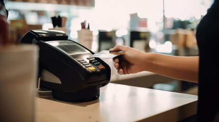 Retail trade, payment by credit card. the buyer pays for the goods in the store. Generative AI