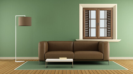 Modern green living room with brown sofa and wooden window - 3d rendering