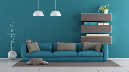 Blue and brown modern living room with sofa - 3d rendering