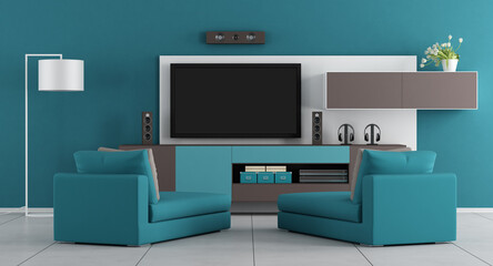 Blue living room with wall unit,tv and two chaise lounge - 3d rendering