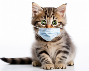 Cat with a blue surgical mask put in his mouth. White background Generative AI
