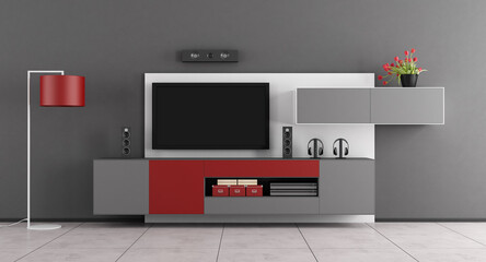 Gray and red living room with wall unit and TV - 3d rendering