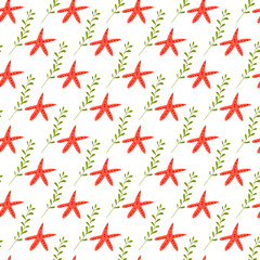 Summer abstract seamless pattern of marine plants. Starfish. Algae green. Marine theme. Print design, wallpaper, packaging. Vector flat illustration.