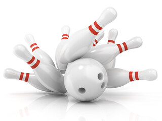 Bowling ball and scattered pin, isolated on white background