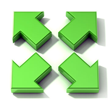 Green 3D arrows expanding. Top view, isolated on white background.