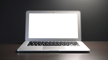 Fototapeta premium gray Laptop isolated on a brown table with dark or black background, png, clean, minimalist product and blank screen, without screen
