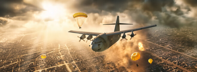huge logistic cargo military plane used for strategic bombing or supplies airdrop flying over target location as wide banner with copy space area - Generative AI