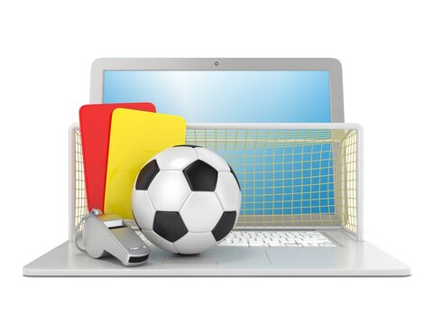 Football concept. Penalty (red and yellow) card, metal whistle, soccer (football) ball and gate on laptop, isolated 3D render on white background.