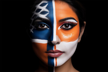 Happy Indian Independence Day.Woman with Makeup with in India flag colors for Independence Day. August 15 Happy Indian Independence Day. Generative AI