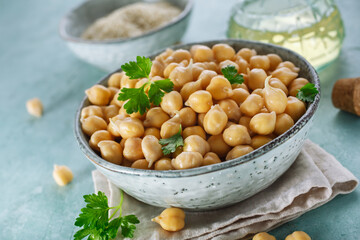 Sprouted chickpeas in the bowl. Concept for healthy eating and nutrition.