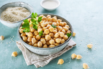 Ingredients for cooking hummus. Chickpeas, sesame seeds and oil
