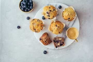 Cup of coffee and Homemade muffins. Food background with copy space for your text.