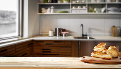 Desk of free space and kitchen interior.