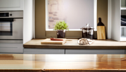 Fototapeta na wymiar Desk of free space and kitchen interior.