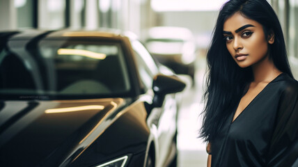 Obraz na płótnie Canvas luxury car or sports car and young adult asian woman, sporty and luxurious, wealth and prosperity, portrait adult woman