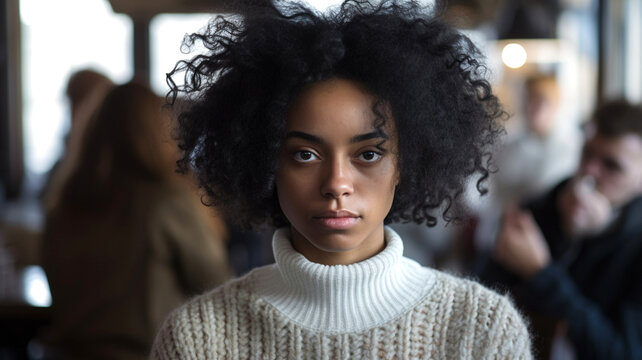 young adult woman, neutral or negative facial expression, light colored turtleneck sweater, african american or multiracial, in cafe or pub, people in background