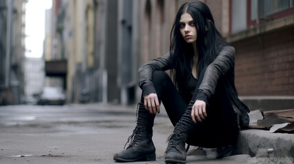 emo or dark makeup girl sits in side street, fictional event and location - obrazy, fototapety, plakaty