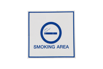 Signs or sign symbolize white plastic with blue letters smoking isolated on cut out PNG. It is symbol notifying people to use service in restaurants or parks.