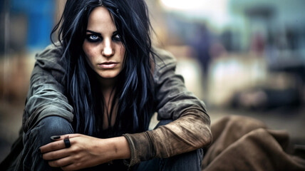 young adult woman with dirty jacket and black long hair and dark makeup, front view, 20s 30s, fictional place, caucasian, teenage girl in poverty or homelessness