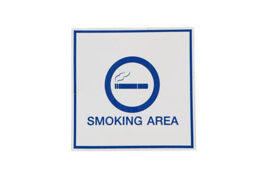 Signs or sign symbolize white plastic with blue letters smoking isolated on cut out PNG. It is symbol notifying people to use service in restaurants or parks. - Powered by Adobe
