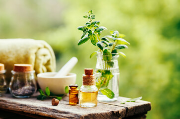 Spa still life with essential oil, fresh peppermint and towel on wooden background outdoors.