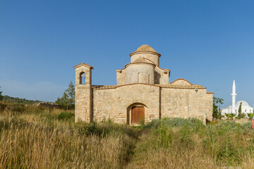 Panayia Kanakaria 6th century Byzantine Monastery Church originally containing Kanakaria mosaics in Lythrangomi, Island of Cyprus bathed in afternoon light