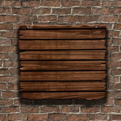 3D render of a grunge wood sign on an old brick wall