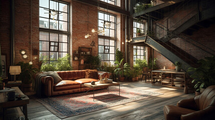 Modern contemporary loft living room with open door to garden