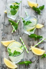 Chilled mint lemonade with mint leaves and fresh lemon