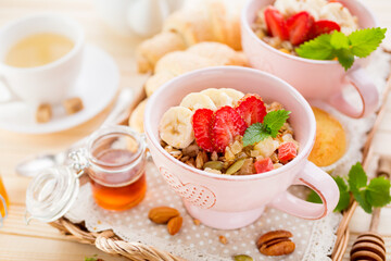 Porridge with banana and fresh berries. Healthy Breakfast