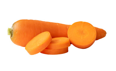 Single fresh orange carrot with slices in stack isolated on white background with clipping path in png file format Close up of healthy vegetable root