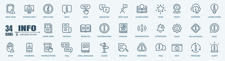 Vector set of information line icons. Contains icons instruction, privacy policy, info center, manual, rule, guide, reference, help and more. - obrazy, fototapety, plakaty