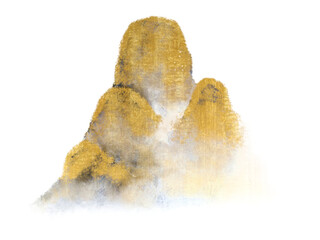watercolor abstract oriental painting ink landscape golden mountain with fog .traditional chinese painting. asia art style.png.	